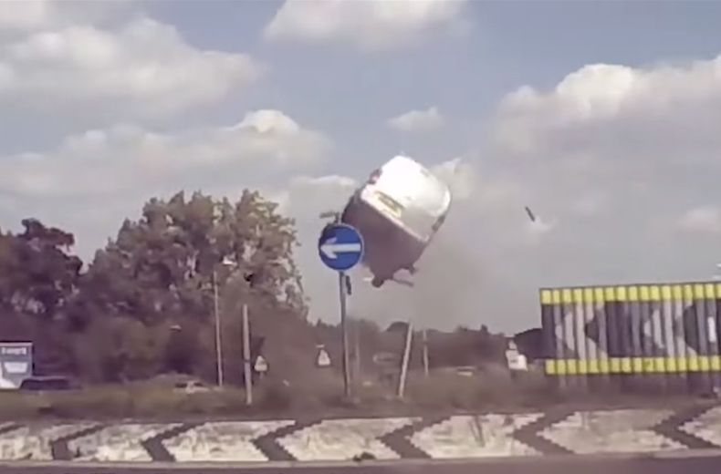 Video: Stunning crash footage as ‘flying van’ soars over roundabout