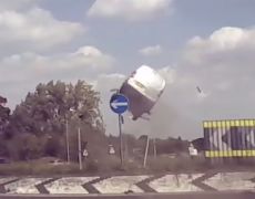 Video: Stunning crash footage as ‘flying van’ soars over roundabout