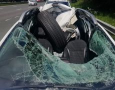 Shocking pictures show motorway miracle as driver escapes flying tyre smash
